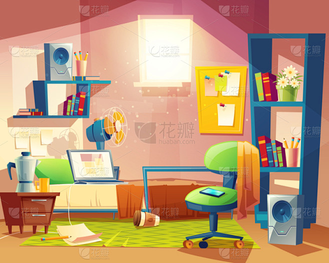 家具,小的,住宅房间,卧室,动画片,分离着色,公寓,计算机,宿舍,房屋