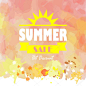 与黄橙色热光水彩的夏天，在年中销售背景和老式太阳标志销售标签广告设计