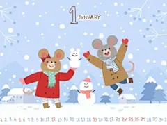 冬日雪景彩色手绘一月雪人2020鼠年日历