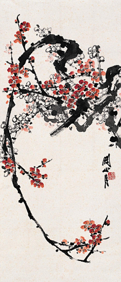 com采集铅笔罒采集到梅2#国画# 李苦禅《红梅怒放图》--- 此系作者