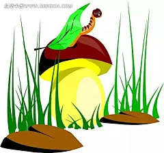 卡通画蘑菇上用树叶盖着的虫子插画|动物|动物图片|卡通动物|卡通画|卡通形象|毛毛虫|免费下载|蘑菇|矢量素材|手绘|小虫