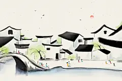 江南水乡水墨晕染手绘场景素材横版插画江南水乡水墨插画