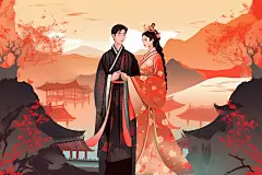 古风男女中国风汉服情侣七夕牛郎织女插画
