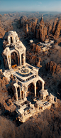 鸟瞰图，废墟寺庙复杂的大理石，建在红色岩石峡谷，阿拉伯和哥特式和星球大战建筑，自然的体积照明，逼真的高细节4k渲染-没有人-ar 4:9