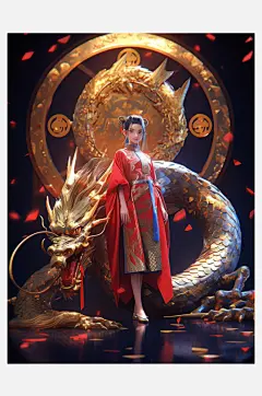 数字艺术手绘国风插画黄金女战士龙女战士-众图网