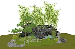 新中式叠石假山水景SU模型