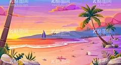 日落沙滩背景  - 源文件下载【酷图网】日落,夕阳,海边,沙滩,插画,卡通,背景,海报背景,展板背景,风景,夏季,夏日,夏天,晚霞,户外,夏天背景,夏季背景,夏日背景,旅游,矢量,旅行,度假,海报,大海,夏,天空,美景,日落风景背景,棕榈树,椰树,海滩,海岛,日落插画,夏日插画,夏天插画,清新,素材,元素,渐变,椰子树,剪影,帆船,海星