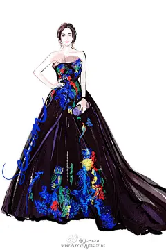 #jjseason插画# #明星红毯礼服插画#  ----- @杨幂 身穿@WECOUTURE高级订制 礼服搭配@Jimmy-Choo 手包，优雅浪漫亮相2016#BAZAAR明星慈善夜#  O青春偶像杨幂