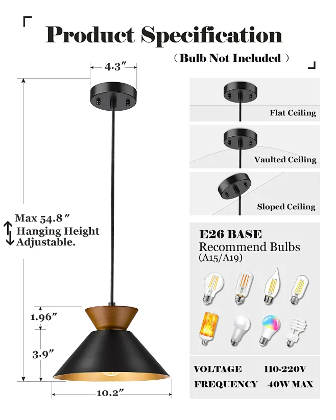 ELYONA 3-Pack Modern Pendant Lights | Solid Wood With Matte Black Metal Shades For Kitchen Island & Dining