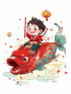 一个可爱的中国小男孩骑着一条大鲤鱼过年气氛海报