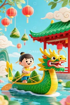 喜庆端午节赛龙舟AI插画高清海报图片素材高清模板免费下载-趣麦麦图