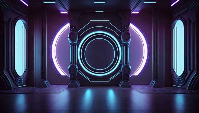 CG渲染未来赛博朋克科幻太空舱宇宙飞船霓...