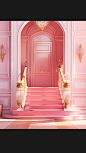 a pink doorway with stairs in the foreground, in the style of realistic interiors, sculpted, xiaofei yue, uhd image, rococo style, pure color, high detailed