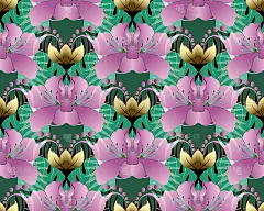 鲜艳多彩的花矢无缝图案。抽象观赏繁盛背景。异国情调的热带金粉花，棕榈叶，小点。典雅装饰。壁纸设计，织