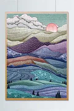山川田野河流落日白云朵树木多彩纹样插画