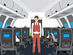 乘客与空姐在飞机上.