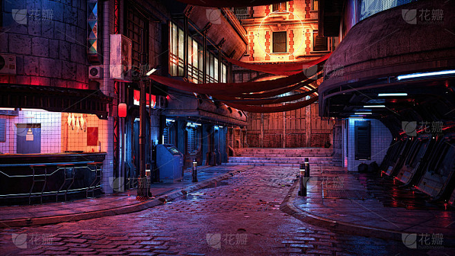 夜晚赛博朋克城市街道的3D渲染。