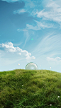an empty field with grassy sky with cloud, in the style of luminous spheres, whimsical elements, realistic images, matte background, clear colors, illustration, uhd image