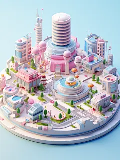 微型城市现代建筑动画片粘土材料3D渲染海报