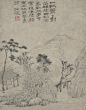 一杖萧萧对落晖，残山秋染乱红肥。梦中常忆金陵胜，写出依然笔尽非。
（清 石涛 墨醉杂画图册页之一）