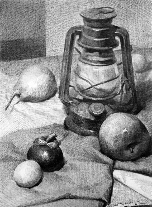 油灯苹果梨山竹素描静物作品
