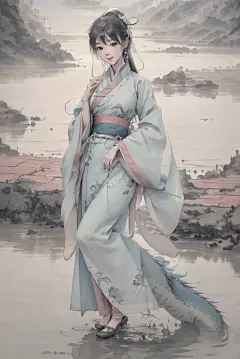 AI数字艺术古风女孩和龙水墨插画-众图网