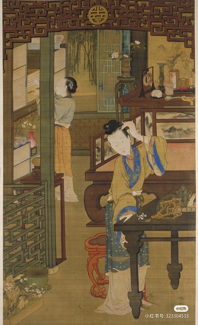 清 金廷标 《仕女簪花图》 】轴，绢本设色，223×130.5cm，北京故宫博物院藏。 图绘晨起的宫廷女子对镜理妆的情景。此幅构图颇具机巧 ...
