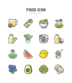 icon矢量素材手绘风格食物  - 源文件下载【酷图网】Ai,文件,矢量,素材,Icon,食物,手绘,水果,蔬菜,西瓜,牛油果,蘑菇,椰汁,