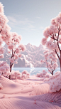 3d animation with some pink trees in winter, in the style of japanese-inspired, minimalist purity, storybook-like, blurry details, light brown and white, animated gifs, delicate flowers