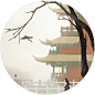 楼宇 古建筑 风景  圆圈 素材 扇面 伞面 古风 插画