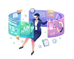 科技未来虚拟现实技术产品发布会场景演示扁平AI矢量插画设计素材
