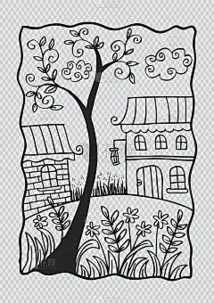 树和艺术的房子。涂鸦风格。