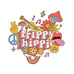 图源免费EPS |迷幻嬉皮士 - 带有时髦标语的 70 年代复古迷幻印花，适用于男女的图形 T 恤或贴纸，装饰有蘑菇、音乐、花朵和彩虹。矢量隔离插图。