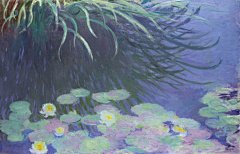 Water Lilies with Reflection of Grass, 1914-17奥斯卡-克劳德·莫奈Oscar-Claude Monet（1840～1926），印象派领导者，印象派代表人物和创始人之一。创作有大约250幅《睡莲》油画系列。很多都属于组画，所谓“组画”，就是画家在同一位置上，面对同一物象，在不同时间、不同的光照下所作的多幅画作。区分它们的，仅仅只是大师对光与色的瞬间捕捉。这些画描绘了他在吉维尼（Giverny）家中的花园，是他生命中最后三十年艺术创作的主要焦点。许多作品都是他在患
