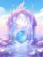 C4D rendering of colorful crystal castle of fairy tale princess, arched doorway, dreamy surreal scenery, gradient translucent glass melt, laser effect, caustics transparent glass, girly heart, crystal material, purple white pink, futuristic fantasy, imagi