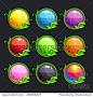 Funny cartoon colorful round buttons with nature elements, vector set for game design