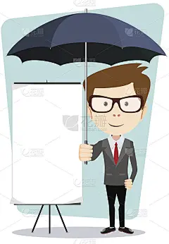 年轻的商人，带着一张海报和一把雨伞，矢量插图