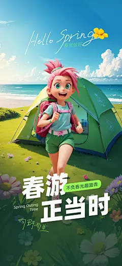 插画春日踏青露营宣传海报