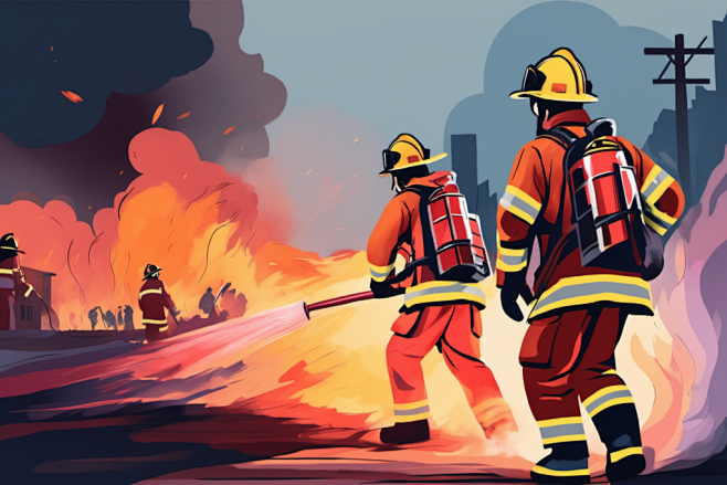 紧急事故设备消防员救火背影插画图片