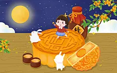 卡通可爱风格之中秋节小女孩吃月饼插画中秋节月饼插画