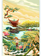 国潮芒种二十四节气耕种田间河流插画