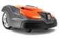 This may contain: an orange and gray lawn mower on a white background
