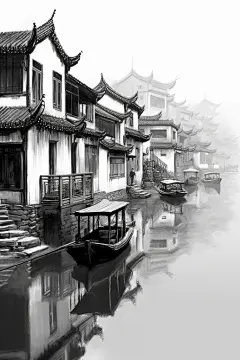 水墨画风徽派建筑江南水乡插画