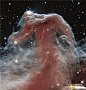 哈勃捕捉太空美景：窥视太空深处 回望远古宇宙 : 9 / 11 哈勃第三代广域照相机的视线刺穿马头星云，获得这幅细节独到的红外画面。作为天文学的经典观测对象，衬在明亮背景下的马头星云通常显得发暗，但哈勃之眼能穿过星际尘埃和气体的遮掩。勒韦说，这个画面预示了NASA计划发射的詹姆斯·韦伯红外线太空望远镜将带给我们的丰富图像。