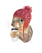 Original Squirrel Watercolor - Coffee, Squirrel wearing a Hat, Knit Hat, 8x10 Painting