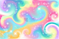 幻想的背景。彩色全息插图。可爱的卡通少女背景。明亮多彩的天空，星星和散景。向量。