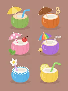 手绘插画风格，六个不同造型的卡通风格椰子饮品呈规整网格排布于纯色背景上，每个均为切开的半球造型，白色果肉内壁，表面光滑有光泽，光影统一，均有柔和高光和自然阴影。第一个是绿色外壳，配黄色渐变小伞和蓝色吸管；第二个是粉色外壳，配白色波点伞和条纹吸管，顶部加一颗樱桃；第三个是橙色外壳，配棕色小伞和螺旋吸管，旁边放一片薄荷叶；第四个是紫色外壳，配彩虹色小伞和透明吸管，伞柄挂一个小铃铛；第五个是蓝色外壳，配白色小伞和星星形状吸管，椰子边缘装饰一圈白色糖粒；第六个是黄色外壳，配绿色小伞和弯曲吸管，顶部插一片柠檬片。
