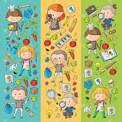 的孩子。学校和幼儿园。创造力和教育。音乐。探索。科学。的想象力。玩和学习。烹饪。唱歌。阅读。不同的爱