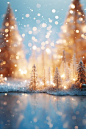 fairy christmas landscape photography, in the style of light brown, pastel blue, golden and pastel green, bokeh, abstract blurred winter christmas, layered composition, joyful celebration of nature, dusty piles, realistic blue skies