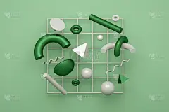 绿色和白色3d渲染逼真的原语组成。飞行的形状在运动孤立在绿色背景。时尚设计的抽象主题。球形，环面，管